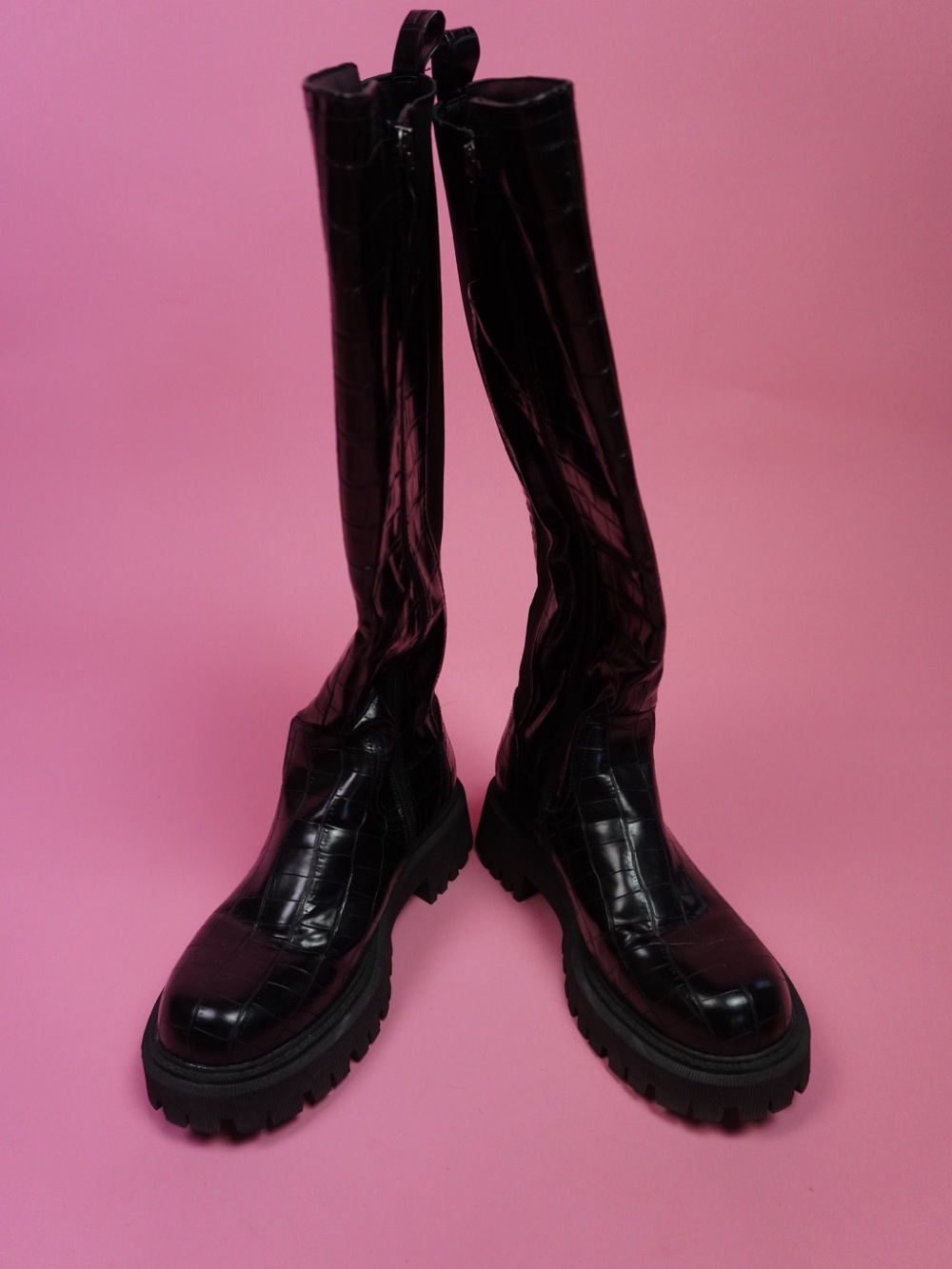 Black Croc-Embossed Knee-High Lug Sole Boots